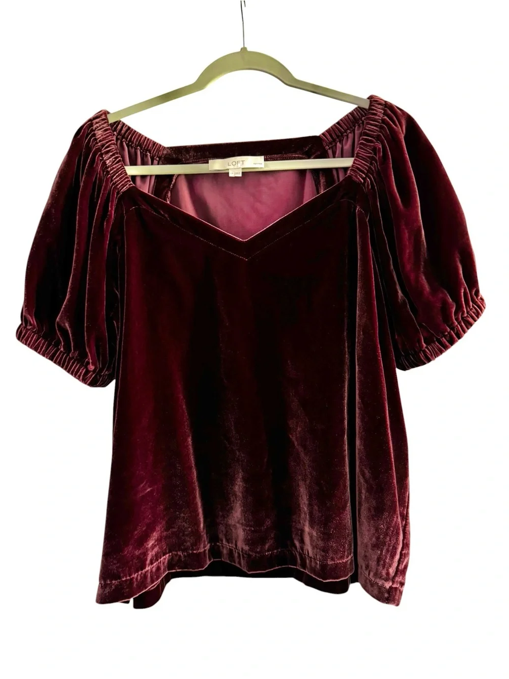 LOFT Petites Burgundy Velvet Puff Sleeve Top Romantic Cottagecore Blouse Size LP